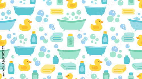 Fotografía Playful Bath Time Pattern with Rubber Ducks and Towels in Bright Colors