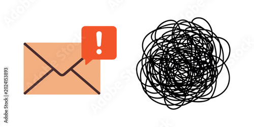Tablou pe pânză Orange envelope with exclamation mark next to black scribbles speech bubble blac