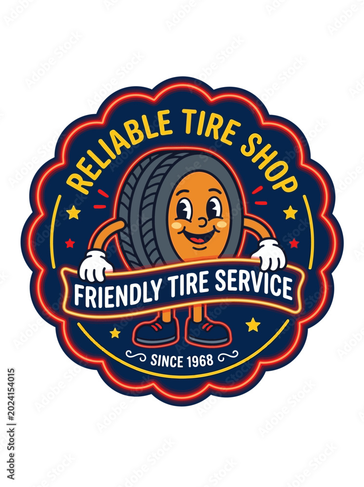 Fototapeta premium Friendly tire service illustration of a smiling cartoon tire character holding a banner in a vintage-style neon sign