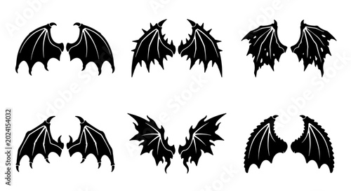 Foto Set of 6 Black Dragon Wings, Gothic Fantasy Illustration Elements, Devilish Ange