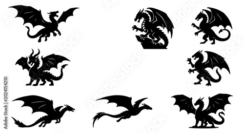 Fotografie Mythical Dragon Silhouettes Collection, Fantasy Creature Vector Icons, Ancient L
