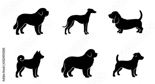 Cuadro en lienzo Six Silhouette Dog Breeds Collection, Vector Icons: Newfoundland, Greyhound, Bas