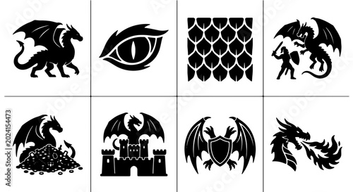 Photos Fantasy Dragon Icons Set, Mythical Creature Silhouettes, Medieval Castle & Knigh