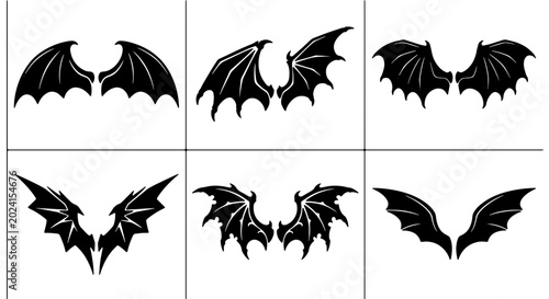 Bild auf Leinwand Six Black Bat Wings Vector Icons, Gothic Fantasy Creature Emblems, Dark Angel an