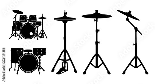 Canvas Print Drum Kit Silhouettes, Percussion Instruments, Musical Elements, Vector Graphics