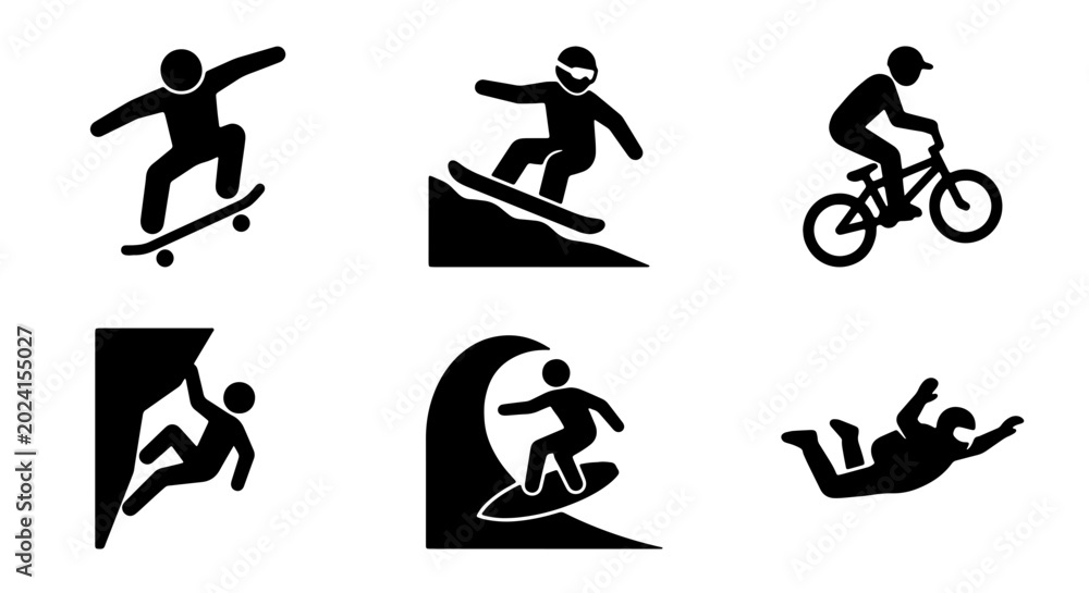 Obraz premium Extreme Sports Icons Set: Skateboarder, Snowboarder, BMX Rider, Climber, Surfer, Skydiver, Action, Adventure, Vector Graphics