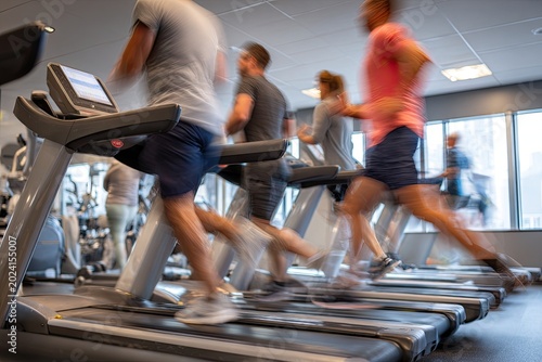 Athletes running on treadmills with motion blur during a gym workout session