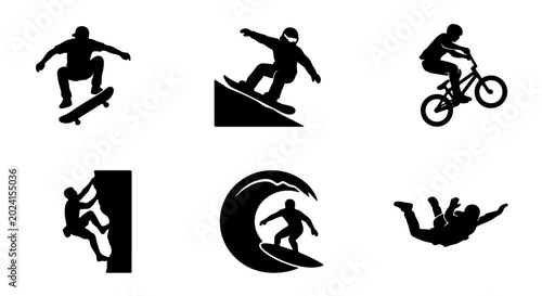 Foto Extreme Sports Icons Set: Skateboarder, Snowboarder, BMX Rider, Climber, Surfer,