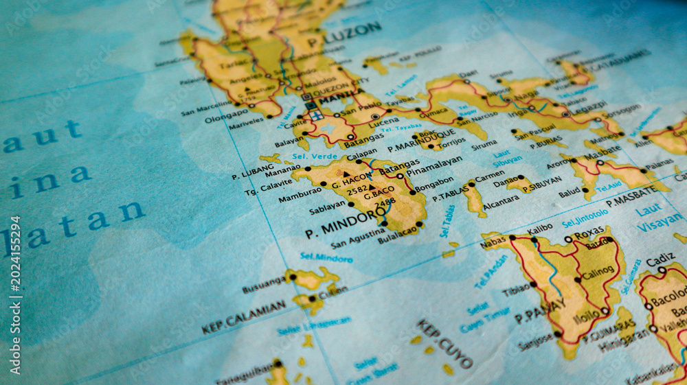 Obraz premium Map of Mindoro Island, southwest of Luzon, northeast of Palawan, Philippines