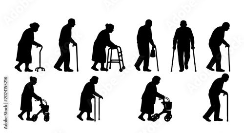 Bild auf Leinwand Elderly Silhouettes Collection: Senior Citizens Walking with Canes and Walkers,