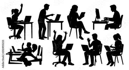 Konstfotografi Diverse Silhouettes of People Working with Laptops and Computers, Office and Stu