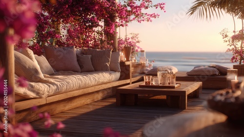 Serene Sunset Lounge: A Cozy Retreat Surrounded by Vibrant Bougainvillea Flowers