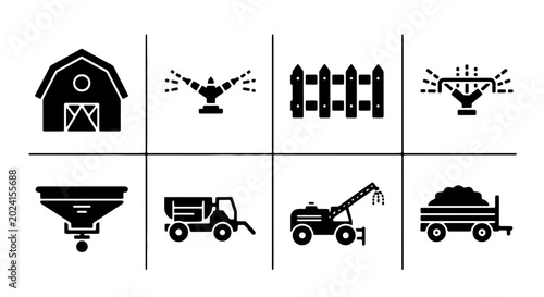 Photos Farm Icons Set: Barn, Sprinklers, Fence, Spreader, Truck, Tractor, Trailer - Agr