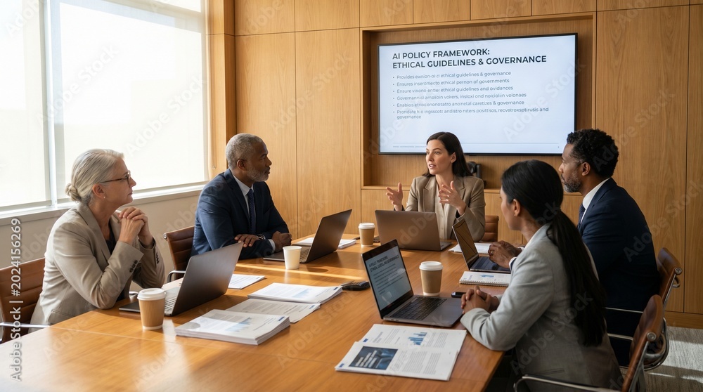 Obraz premium Diverse Business Team in Boardroom Meeting Discussing AI Policy Framework, Ethical Guidelines and Governance