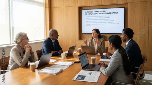 Diverse Business Team in Boardroom Meeting Discussing AI Policy Framework, Ethical Guidelines and Governance