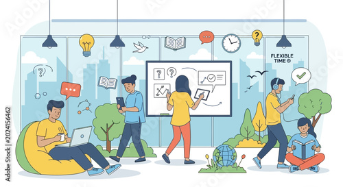 Bild auf Leinwand Diverse people working and learning in a modern flexible office with city view