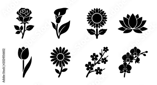 Bild auf Leinwand Elegant Floral Silhouette Icons: Rose, Calla Lily, Sunflower, Lotus, Tulip, Dais