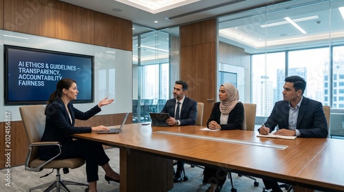 Diverse Business Professionals Attending an AI Ethics and Guidelines Presentation in a Modern Boardroom