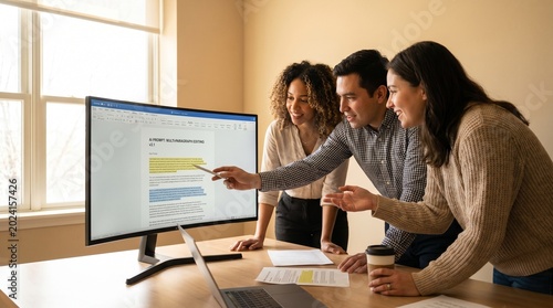 Collaborative Team of Young Professionals Reviewing AI Prompt Engineering for Multi-Paragraph Editing on a Computer Screen in a Sunlit Modern Office Workspace