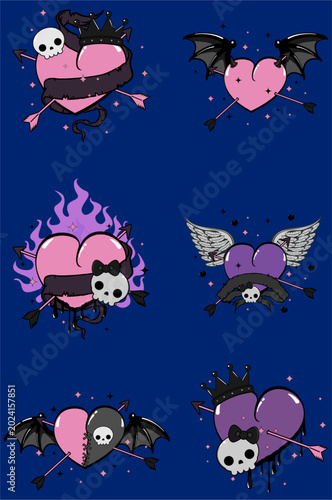 kawaii goth heart skull cartoon pack collection in vector format