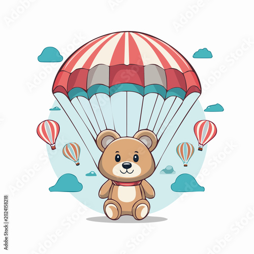 Cute Teddy Bear Parachuting with Hot Air Balloons