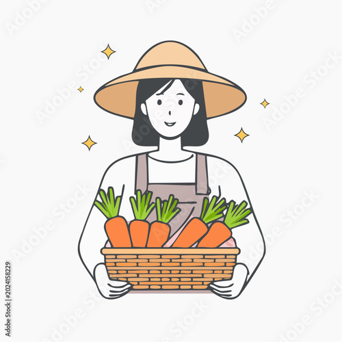 Farmer Woman Holding Basket of Carrots