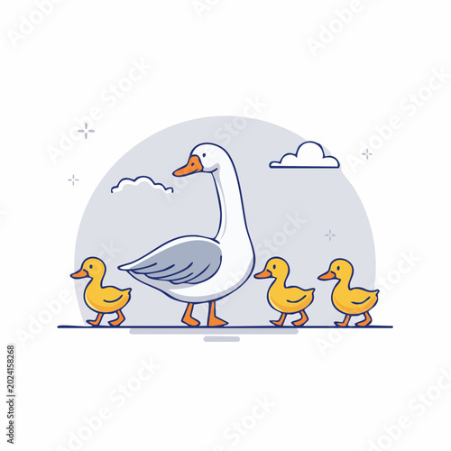 Goose and Ducklings Walking