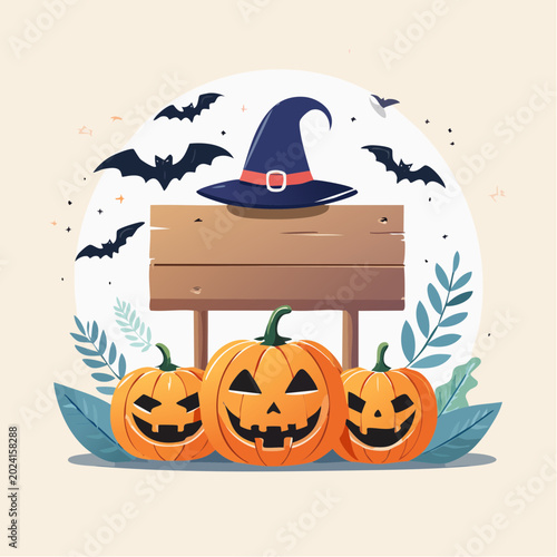 Halloween Illustration with Jack-o'-lanterns, Witch Hat, and Bats