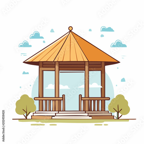 Illustration of a Wooden Gazebo in a Park