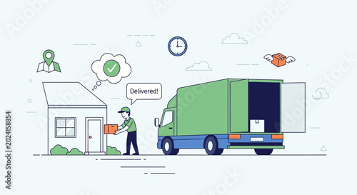 Εκτύπωση καμβά Delivery truck dropping off package at house, courier delivering parcel to doors