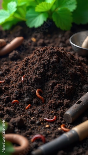 A dark, rich compost heap with visible decomposition, surrounded by worm castings and gardening tools , plants, nutrients
