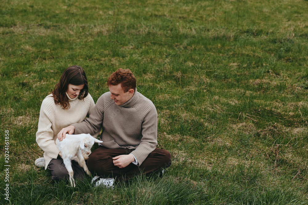 Fototapeta premium Lifestyle couple gently pets a white goat kid in an outdoor grass field, cozy sweaters, natural candid moment, warm bonding and calm affection, a simple rural scene of care and joy.