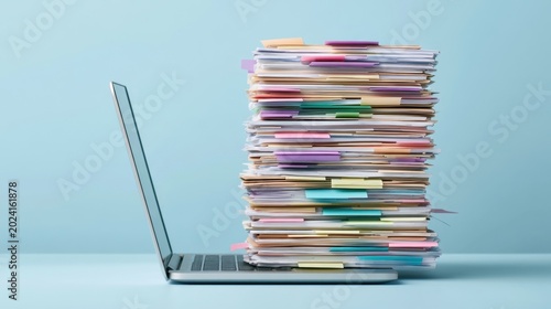 Overwhelming stack of colorful paper documents with sticky notes piled high on open laptop computer on blue background representing work overload and organization challenge
