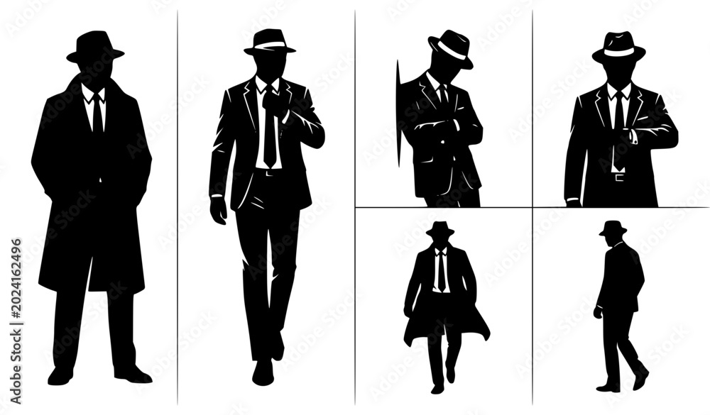 Αυτοκόλλητο Black and White Retro Noir Men in Suits Illustration Set Featuring Vintage Detec