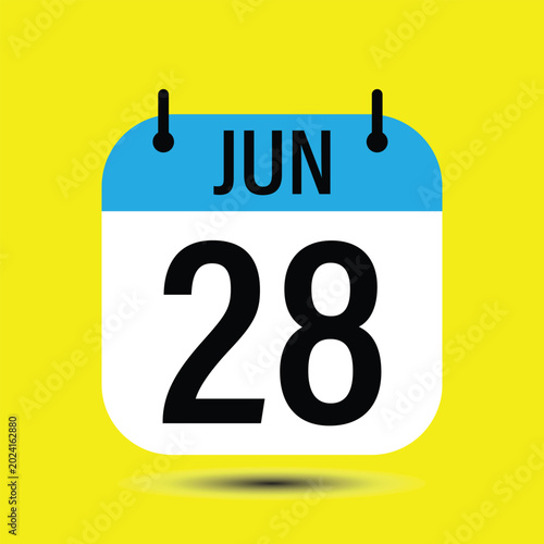 Calendar icon displaying june 28th date, blue and white design with yellow background.
