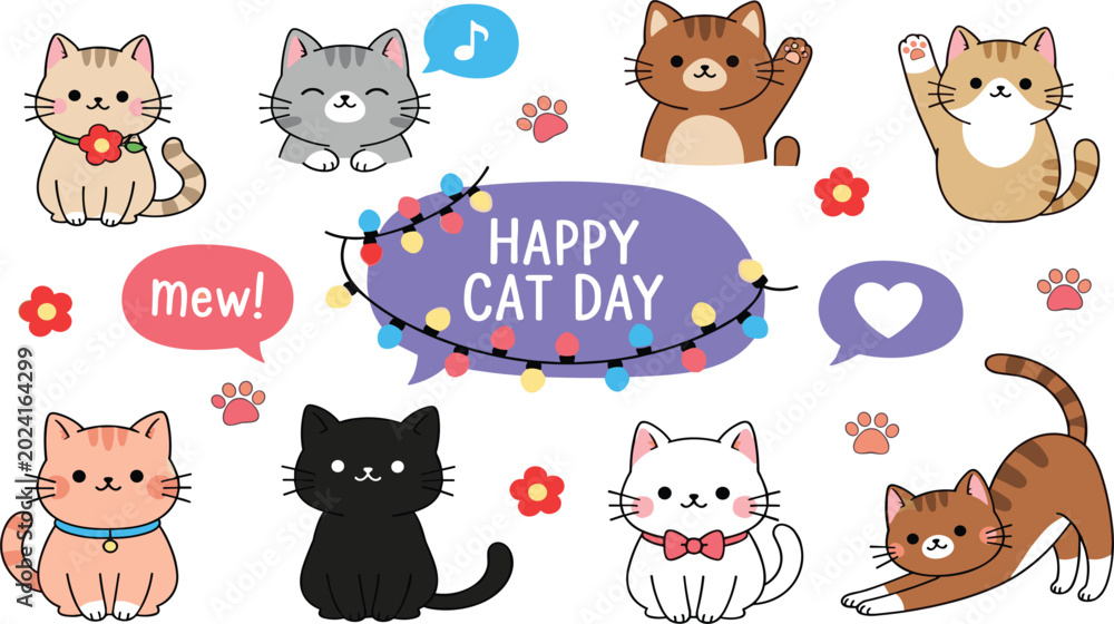 Obraz premium Cute Kawaii Cat Character Set for Happy Cat Day Celebration with Various Kitty Poses, Speech Bubbles, and Decorative Elements for Stickers, Cards, and Childrens Designs