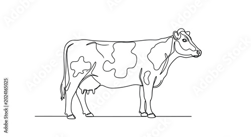 Schilderij op canvas One line drawing of a spotted cow standing profile with livestock, holstein