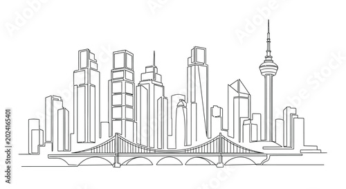 Fotografie City skyline with bridge continuous line drawing skyscrapers architecture