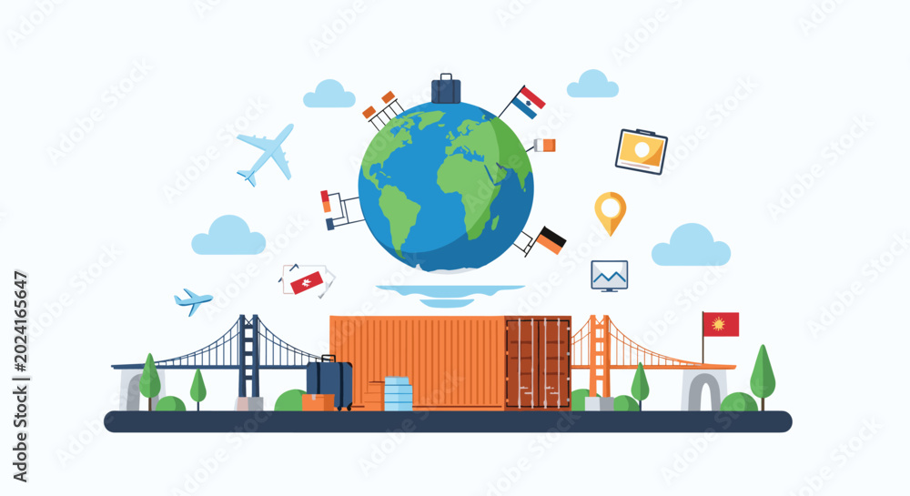 Naklejka premium Global logistics and shipping illustration featuring a world globe, cargo containers, bridges, planes, and international flags.