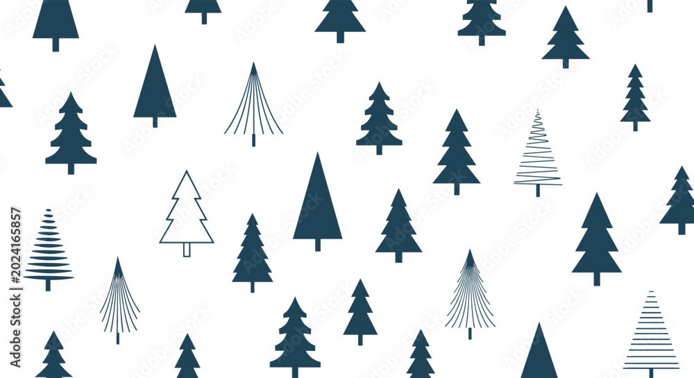 Obraz premium Minimalist seamless pattern of different stylized evergreen and pine tree silhouettes in a dark blue color on a plain white background.