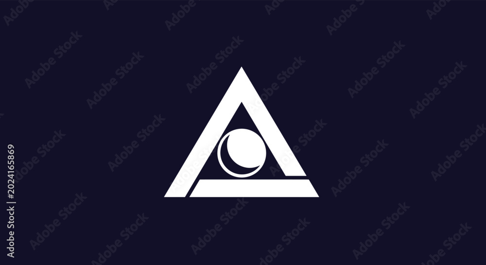 Fototapeta premium Geometric logo design featuring white triangle with inner sphere or circle on dark blue background for modern corporate identity.