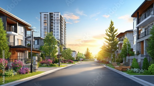 Serene Residential Street with Modern Homes and Lush Greenery Under a Vibrant Sky at Sunset, Ideal for Real Estate and Urban Development Projects