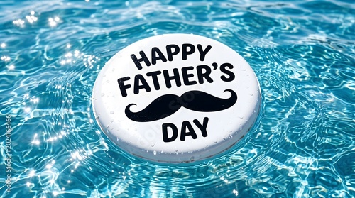 Happy Father's Day message on white circle floating in turquoise water with mustache design