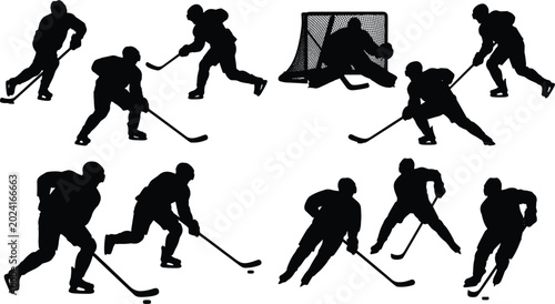 Foto Ice Hockey Player Silhouette Collection with Skating Goalkeeper and Action Poses