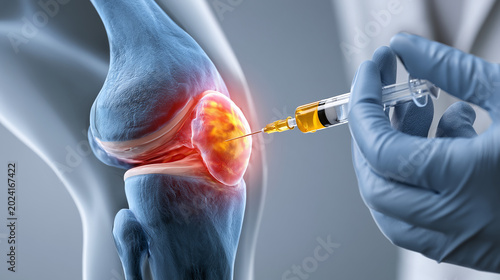 A gloved clinician injects platelet-rich plasma (PRP) into a painful knee joint, treating osteoarthritis with regenerative therapy and showcasing knee anatomy and inflammation