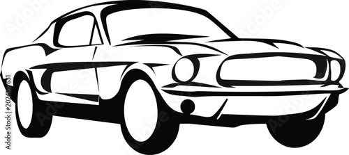 Schilderij op canvas Vintage car, classic Mustang, black and white illustration, vector graphic