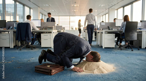 Conceptual image of a stressed businessman burying his head in a pile of sand on the floor of a busy open-plan corporate office.
