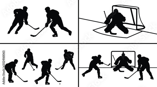 Foto Ice Hockey Silhouette Set with Players Goalkeeper and Match Action Scenes Isolat