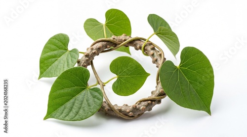 A circular stem of Tinospora cordifolia plant with vibrant green heart shaped leaves on white back.