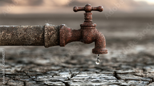 A water tap dripping a single drop over dry cracked land during a severe drought.